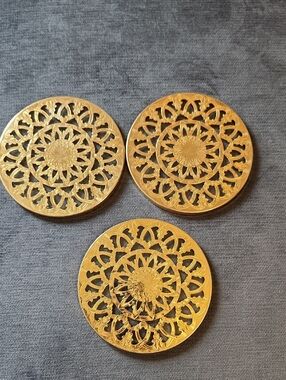 Vintage Pierced Brass and Glass Filigree Round 6" Trivets - Set of 3